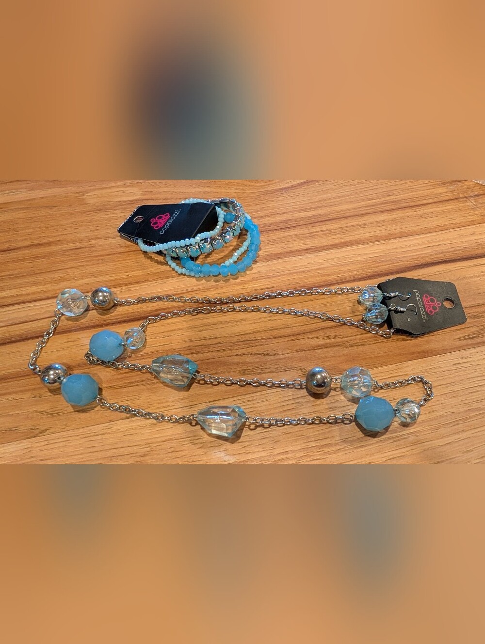 Aqua Bead Bracelet Stack with Silver And Blue Bead Chain Necklace And Earrings